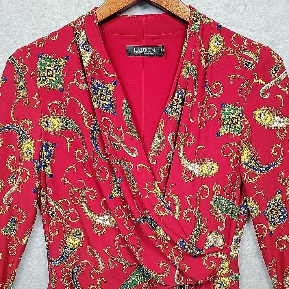 LAUREN RALPH LAUREN Paisley Pleated Surplice Faux Wrap Jersey Dress 6 Red Blue - Picture 4 of 12